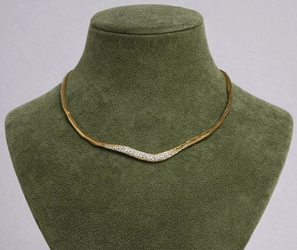 Solanales Crystal Molten Necklace Pavé Collar Gold Chain Irregular Boho CZ VTG